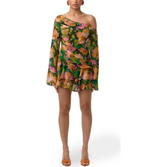 Naked Wardrobe Ruffle Print One-Shoulder Long Sleeve Minidress in Secret Garden at Nordstrom, Size X-Small