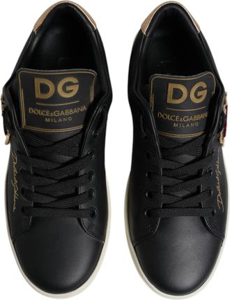 Dolce & Gabbana Womens Black Leather Gold Red Heart Sneakers Shoes