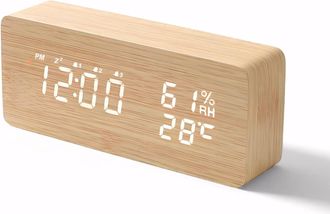 OEM Reloj Despertador Digital Radiocontrolado Con 3 Alarmas Independientes Y Funci&oacute;n De Repetici&oacute;n - Reloj Despertador De Madera Con Indicador De Fecha Y 