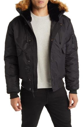 Schott NYC N-2B Hooded Flight Jacket with Faux Fur Trim in Black at Nordstrom, Size X-Large