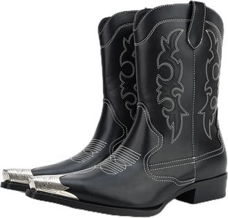 Generic Mens Mid-Calf Pull-On Western Cowboy Boots, Casual Outdoor Motorcycle Boots, Comfortable Non-Slip Winter Snow Shoes,Black,12.5 UK