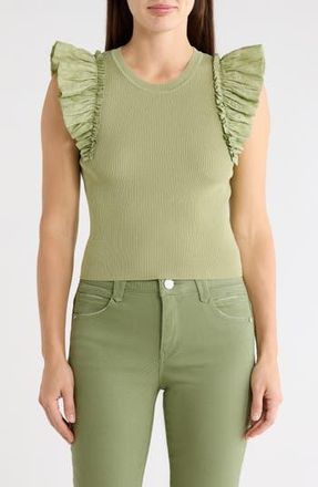 T Tahari Ruffle Mixed Media Rib Sweater in Soft Moss at Nordstrom Rack, Size X-Small