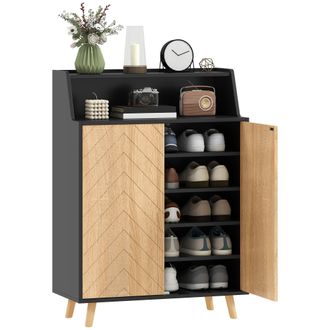 OEM Zapatero Entrada Recibidor Con 2 Puertas Estantes Ajustables Y Compartimento Abierto 75x35x104 Cm Negro Y Natural