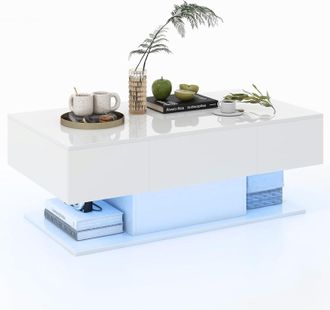 Costway Costway - Mesa De Centro Con Led Moderna, Decorativa De 2 Niveles Con 20 Luces Led De Colores Y 2 Cajones De Almacenamiento, Mesa Central Rectangular 
