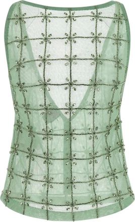Pinko Sleeveless Tops, female, Green, Size: L Sleeveless Tulle Top With Crystals