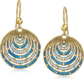 Ross-Simons Italian Blue Enamel Circle Drop Earrings in 18kt Gold Over Sterling