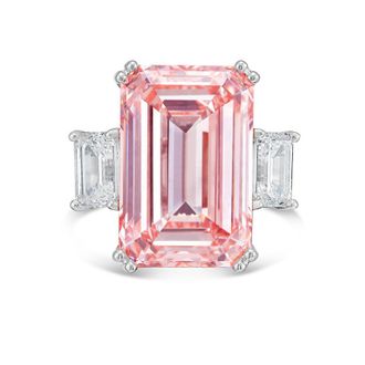 Diana M. Jewels Platinum Lab grown 8ct Fancy pink emerald diamond ring with emerald diamonds on the side and micropave band