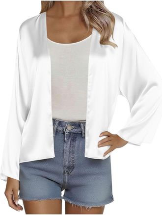Generic Womens Cardigan Long Sleeve Casual Fall Bolero Beach Comfy Satin Shrug Open Front Summer Autumn Jacket Silk Holiday Kimono White