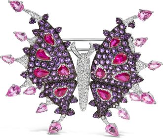 House of Brilliance 18K White Gold 1.00 Cttw Diamond, Ruby Sapphire, and Amethyst Mixed Gemstone Butterfly Brooch Pin