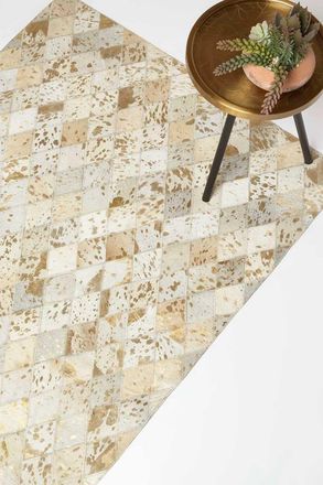 Homescapes Gold & Grey Geometric Diamond Leather Rug, 90 x 150 cm | Size: 90 cm x 150 cm