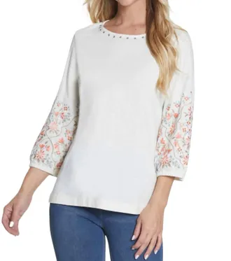 Multiples 3/4 Embroidered Slub Knit Top In Ivory