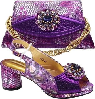 Generic Shoes and Bags Set Decorated with Rhinestone Heel Party for Women Wedding Shoes with Bag Purple