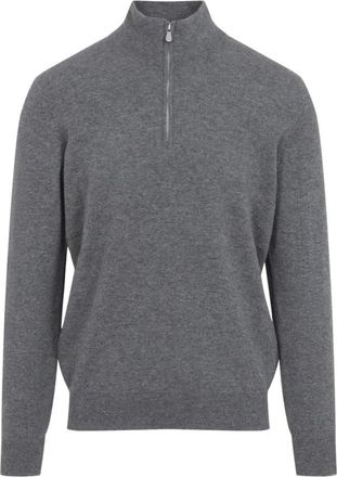 Brunello Cucinelli Trui met Halve Rits van Kasjmier - Heren - Cashmere truien - Grijs - M - Kasjmier - Truien & Vesten