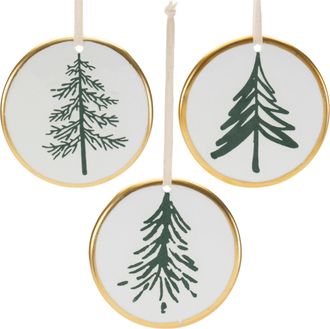 Melrose International Ceramic Pine Tree Disc Ornament (Set of 12) - White, Green, Gold