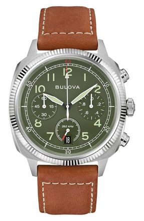 Bulova Military VWI Chronograph Leather Strap Watch, 42.5mm in Brown at Nordstrom