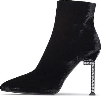 Loriblu L-vormige kristallen hak damast fluwelen enkellaarsjes - Dames - Laarzen met Hak - Zwart - 37 EU - Leer - Schoenen