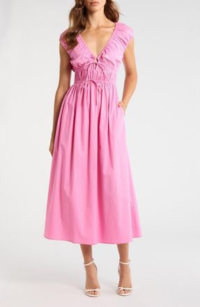 Wayf Liv Ruched Stretch Cotton Poplin Midi Dress in Poppy Pink at Nordstrom, Size X-Small