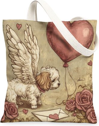 Generic Valentines Day Cavachon Dog Canvas Tote Bag for Shopping 13x15, Vintage Puppy Reusable Grocery Print Pattern Bag for Women, Retro Lover Beach Aestheti