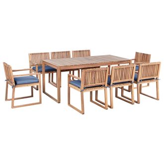 Beliani Conjunto De Comedor Exterior 8 Plazas R&uacute;stico De Madera De Acacia Certificada Mesa Y Sillas Con Cojines Azules Marr&oacute;n Sassari Premium