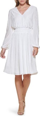 Kensie Pleated V-Neck Long Sleeve A-Line Dress in Ivory at Nordstrom Rack, Size 10