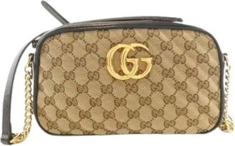 Gucci Pre-owned Cross Body Bags, female, Beige, Size: ONE SIZE Pre-owned GG Marmont GG Canvas Leather Shoulder Bag