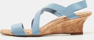 Manolo Blahnik Blue Stretch Fabric Terwe Cork Wedge Ankle Strap Sandals