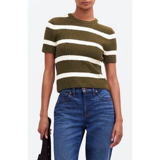 Madewell Stripe Boucl&eacute; Knit Crewneck Sweater Top in Expedition Green at Nordstrom Rack, Size Xx-Large