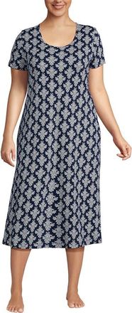 Lands End Cotton Short Sleeve Midcalf Nightgown in Deep Sea Navy/ivory Floral at Nordstrom, Size 3X