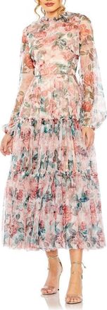 Mac Duggal Long Sleeve High Neck Long Balloon Sleeve Midi Dress in White Multi at Nordstrom, Size 14