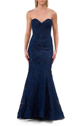 La Femme Mermaid Stretch Lace Dress with Bustier Top and Sheer Back in Marine Blue at Nordstrom, Size 8