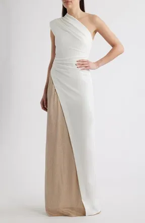 Black Halo Marigold One-Shoulder Mixed Media Gown in Sand Light at Nordstrom, Size 12