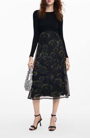 Desigual Pensee Mixed Media Long Sleeve Dress in Black at Nordstrom, Size Xx-Large