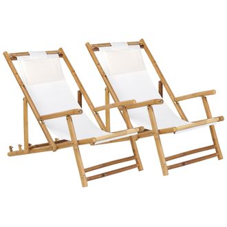 Beliani Beliani - Conjunto De 2 Tumbonas De Bamb&uacute; Natural Tela Color Blanquecino Sillas Cubierta Plegables Muebles De Balc&oacute;n Atrani