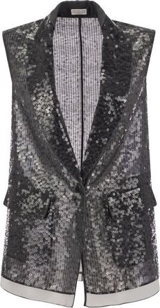 Brunello Cucinelli Black Silk Sequined Jacket, Brand Size 44 (US Size 10)