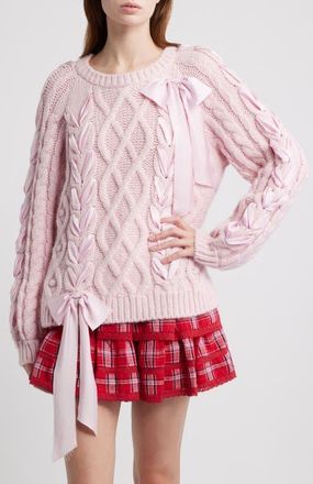 LoveShackFancy Kloss Ribbon Detail Alpaca Blend Cable Sweater in Ballet Slipper at Nordstrom, Size Xx-Small