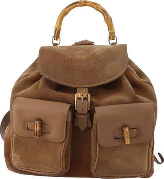 Gucci Vintage Bamboo Backpack Suede And Leather Brown Suede Backpack Bag (Pre-Owned)