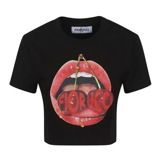 Fiorucci Tops, Dames, Zwart, M, Katoen, Mouth Print Cropped T-shirt