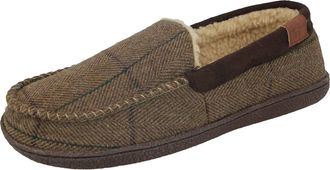 Jo & Joe Mens Faux Suede Fleecy Lined Slip On Tweed Moccasin Slippers Shoes Size 8-12 (7 UK, Brown/Dark Brown)