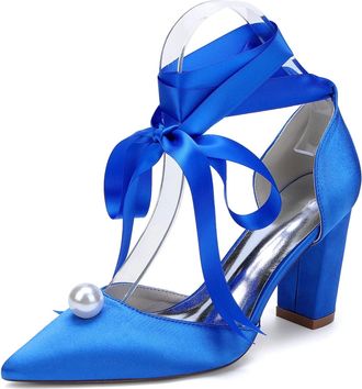 Generic Womens Pointed Toe Block Heel Pearl Wedding Shoes Bridal Chunky Heeled Prom Party Dress Shoes Pumps 8.5Cm,Royal Blue,10 UK