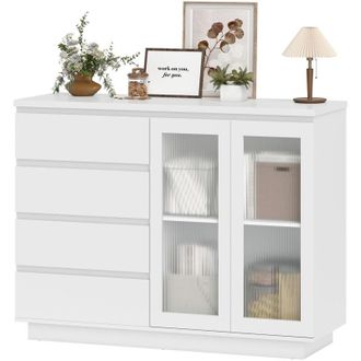 HOMCOM Credenza Cucina con 4 Cassetti e Armadietto in Legno Bianco 120x40x91 cm