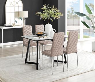 Furniturebox Carson White Marble Effect Dining Table & 4 Milan Chrome Leg Chairs in Beige