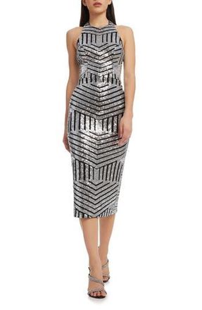 Dress The Population Cleo Sequin Sheath Cocktail Dress in Silver-Black at Nordstrom Rack, Size Large
