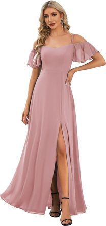 Ever-pretty Womens Maxi Ruffles One Shoulder Short Sleeve Empire Waist A Line Chiffon Bridesmaid Dresses with Side Slit Dusty Rose 16UK