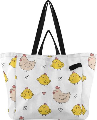 Generic Rooster Yellow Chicken print Reusable Canvas Tote Bag, Heavy Duty Grocery Shopping Bag with Large Capacity Double Handles Hard Bottom Work Groceries T