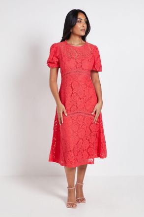Wallis Womens Petite Lace Puff Sleeve Midi Dress - Pink Cotton - Size 10 UK