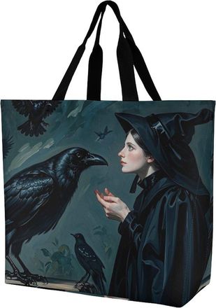 Generic Black Crow Witch Tote Bag Foldable Carry Bag Durable Handbags For Picnic Casual Work