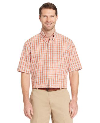 Arrow USA 1851 Mens Hamilton Poplins Short Sleeve Button Down Plaid Shirt, Orange Rust, Large
