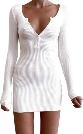 Generic Cable Knit Sweater Dress for Women, V-Neck Sweater Dress Long Sleeve Crop Top Bodycon Cover Ups Button Up Dresses Party Club Slim Fit Dress Plus Size 