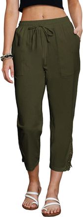 SHEKINI Womens Casual Pants Wide Leg Cropped Trousers Drawstring Elastic Waist Lightweight Baggy Capri with Pockets Green