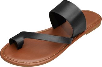 Generic 2026 Ladies Fashion Summer Solid Color Leather Cover Toe Flat Bottom Casual Sandals (Black, 6.5)